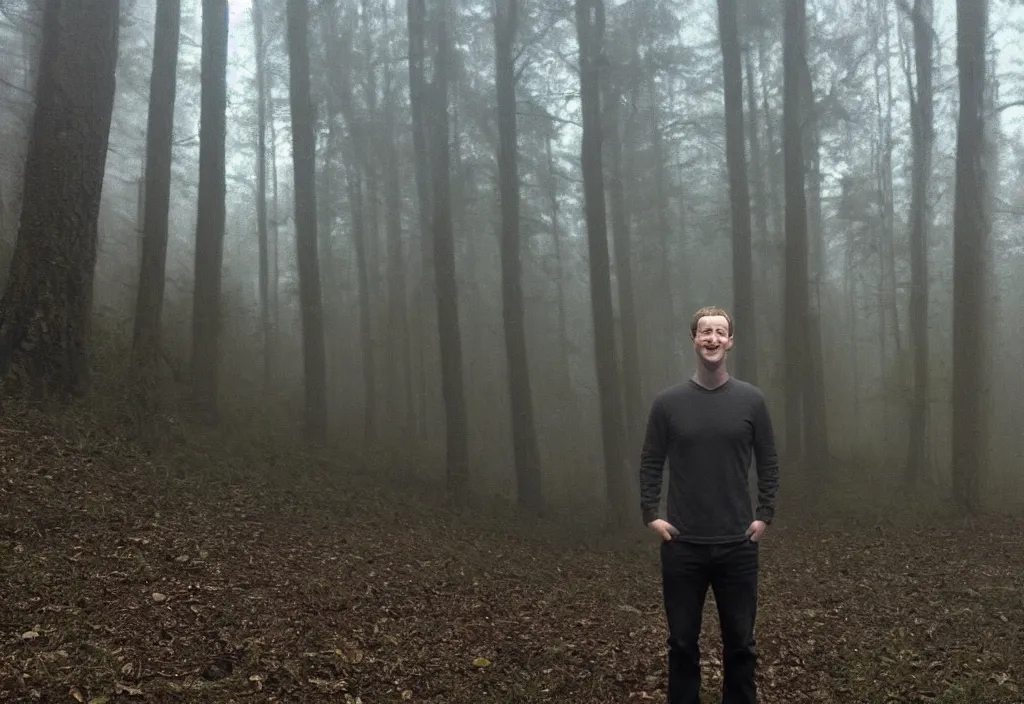 Prompt: low quality iphone photo of mark zuckerberg standing ominously deep in the foggy woods with a demonic smile in his face, low visibility creepy, grainy, trail cam footage