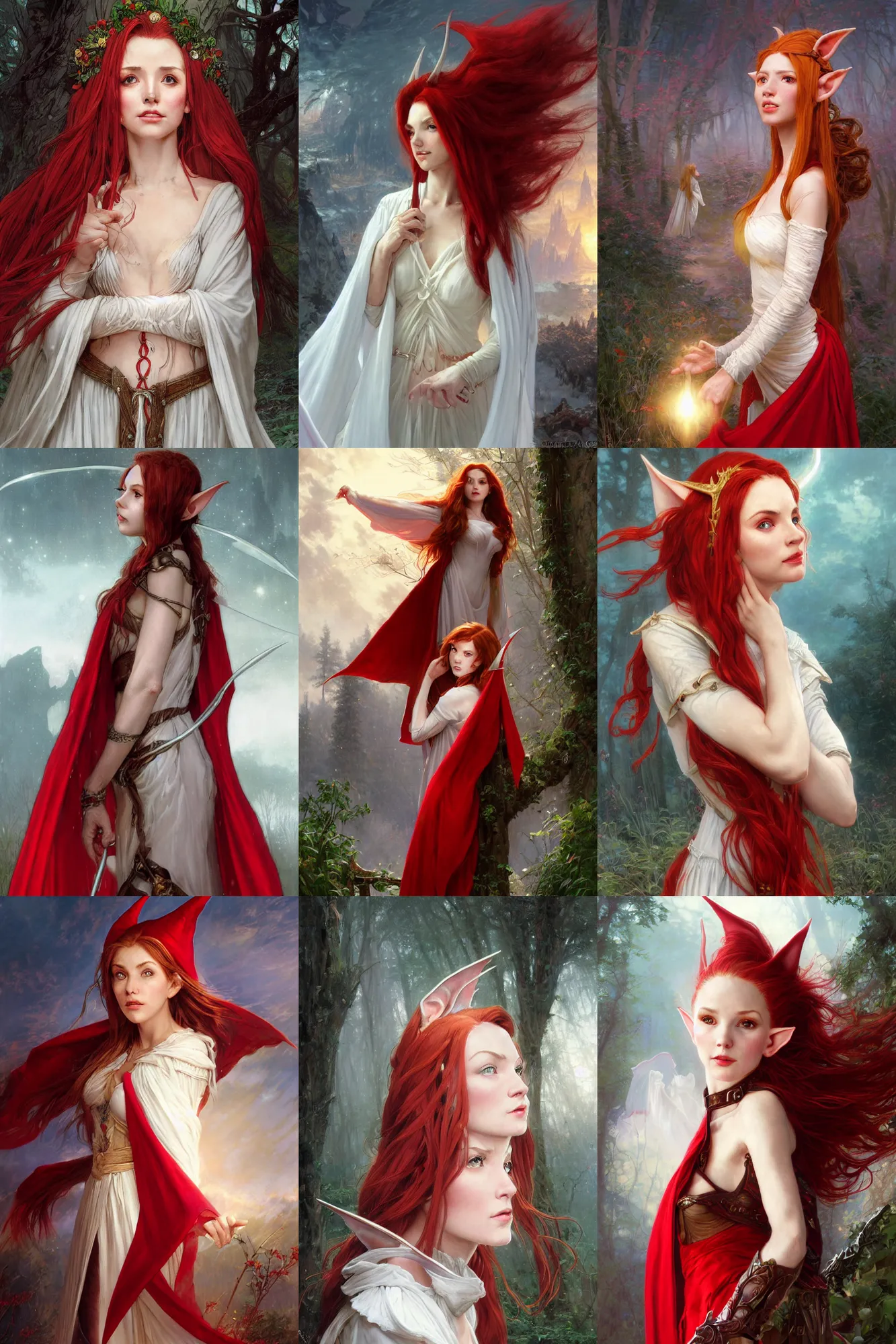 Prompt: hyper-realistic headshot portrait of beautiful high-fantasy elf girl with red hair long pointed ears wearing an off-white gown and a red cloak, moolight, night, ethereal, intricate details, rule of thirds, by Stanley Artgerm Lau, by greg rutkowski, by thomas kindkade, by alphonse mucha, loish, by norman rockwell J.