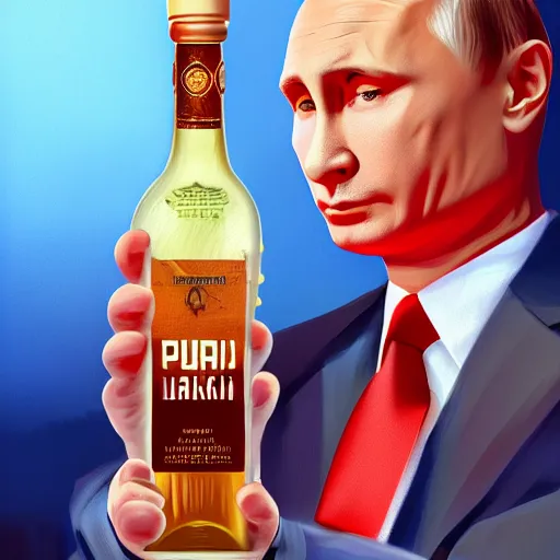 Image similar to putin holding a bottle of israeli arak, cinematic, beautiful digital painting, hyper detailed