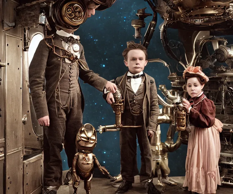 Image similar to detailed, sharp, a boy and a girl standing with her cute pet humanoid alien creature, wearing 1890s era clothes, in their spaceship, extremely highly detailed, steampunk, in focus faces, 70 mm film still from a period sci fi color movie, 4k, HD, cinematic lighting