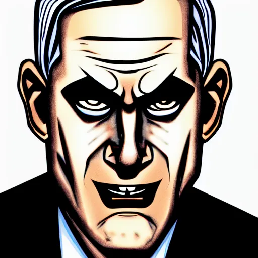 Image similar to solid glowing eyes, digital portrait of secretary of denis mcdonough face with solid glowing eyes, cover art of graphic novel, evil laugh, menacing, Machiavellian puppetmaster, villain, simple style, solid colors, clean lines, clean ink, trending on artstation