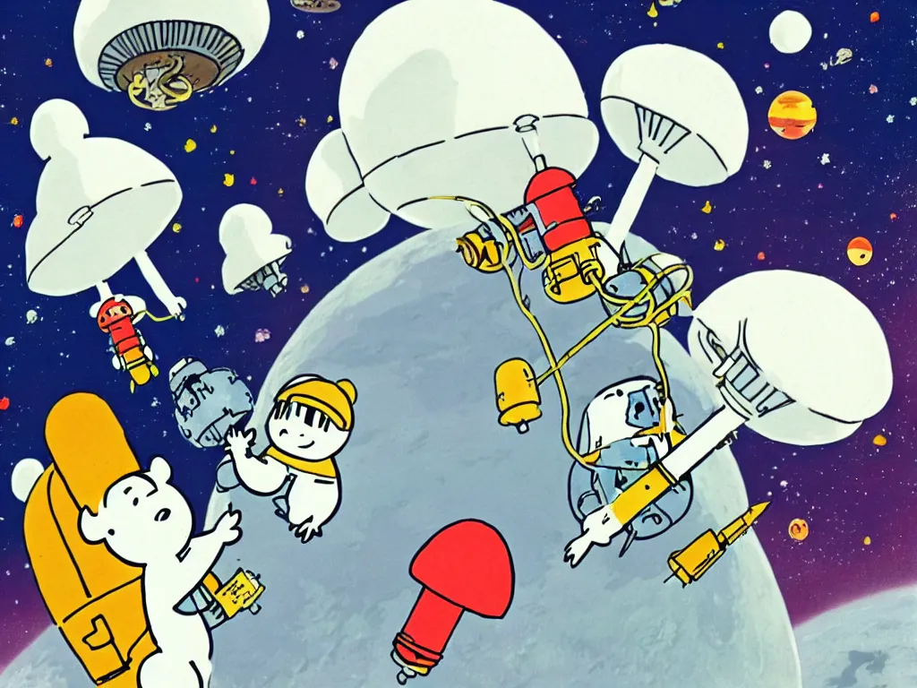 Image similar to moomins in space suits flying around with jetpacks discovering the mushroom planet, very cozy and fluffy and sweet