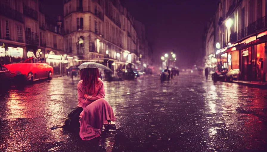 Image similar to street of paris photography, night, rain, mist, a girl with pink hair sitting in a cafe, cinestill 8 0 0 t, in the style of william eggleston