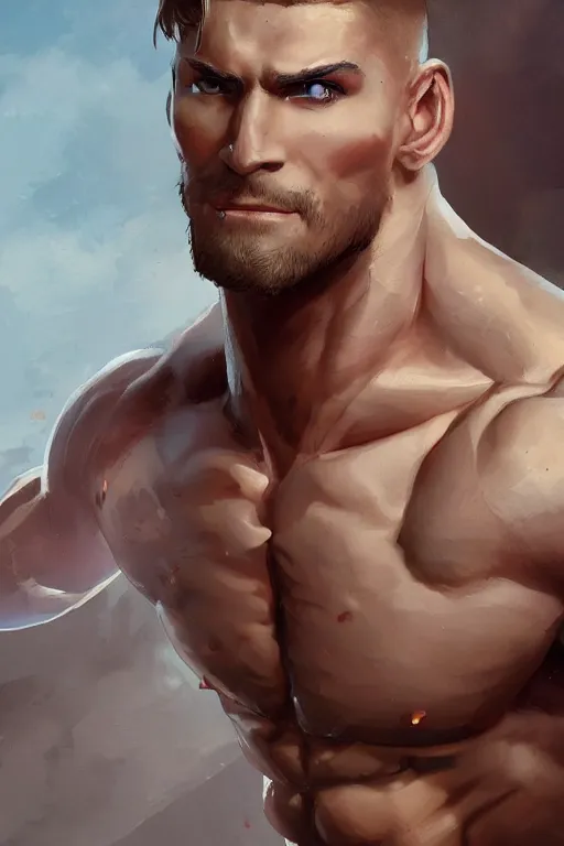 Image similar to Incredibly handsome muscular man, 23 years old, with chiseled jawline, blonde hair, blue eyes by Nuri iyem, James gurney, James Jean, Greg Rutkowski, highly detailed, trending on artstation, artstationHD, artstationHQ, 4k, 8k