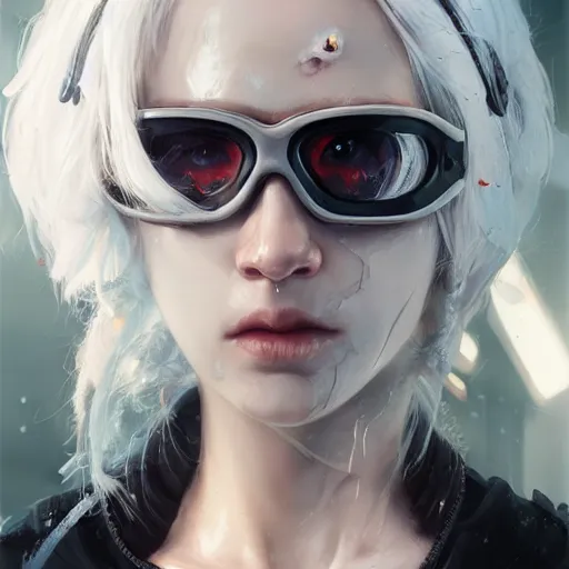 Image similar to very cool girl white hair girl with mask, streetwear, techwear, cyberpunk style outfit, full body, nose piercing, detailed portrait, intricate complexity, by greg rutkowski, cushart krentz, artgerm, ross tran, conrad roset, takato yomamoto, ilya kuvshinov. 4 k, beautiful, cinematic dramatic atmosphere, portrait lighting