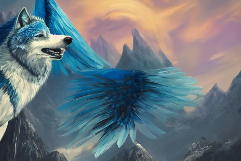 Prompt: Blue feathered wolf with wings on a beautiful fantasy landscape, hills, mountains, visible planets in the sky, pastel colors, post processing, ultra detailed, trending on artstation