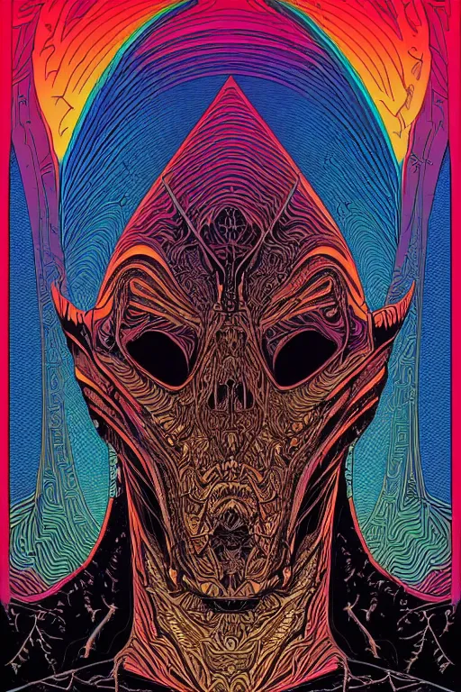 Image similar to portrait of black and psychedelic grainshading print by dan mumford, moebius, goblinko, richard corben, wayne barlowe, heavy metal comic cover art, psychedelic triangular skeleton, very intricate, thick outline, full body, symmetrical face, long black crown, in a shapes background, galactic dark colors