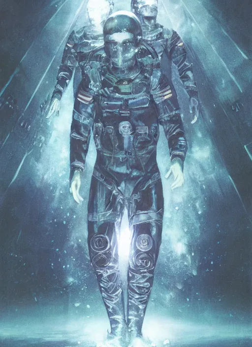 Image similar to astronauts in dark void underwater - complex and hyperdetailed technical suit. reflection and dispersion materials. rays and dispersion of light. volumetric light. f / 3 2. noise film photo. flash photography. ultra realistic, wide angle. poster by wayne barlowe, hajime sorayama aaron horkey, craig mullins