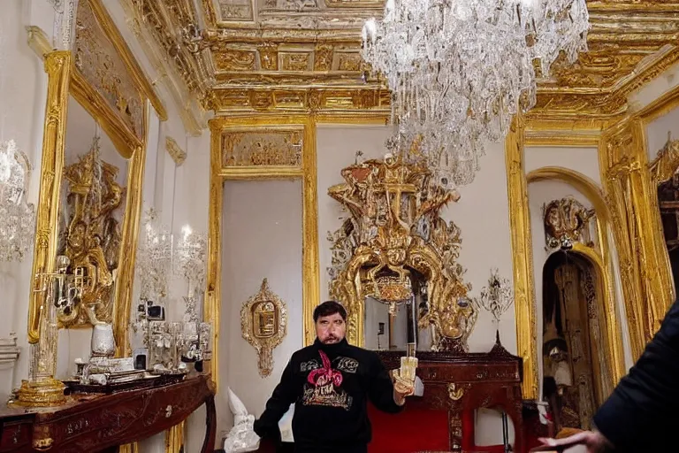 Image similar to el chapo standing in the middle of a grandiose mexican mansion. everything is made out of gold. el chapo is sipping on wine. the mansion is incredible and ornate. chapo has a clockwork chain. there are princesses and queens everywhere around him