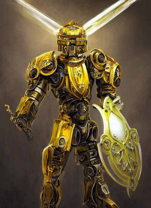 Image similar to full body, dynamic attack position abstract portrait of a intricate glorious holy mechanical warforged character in yellow armor holding a paladin engraved great longsword drawn and carrying a big paladin shield, glowing!!!! eye!!!!!, face in focus, pit droid, epic , trending on ArtStation, masterpiece, cinematic lighting, by Ross Tran and by Greg Rutkowski