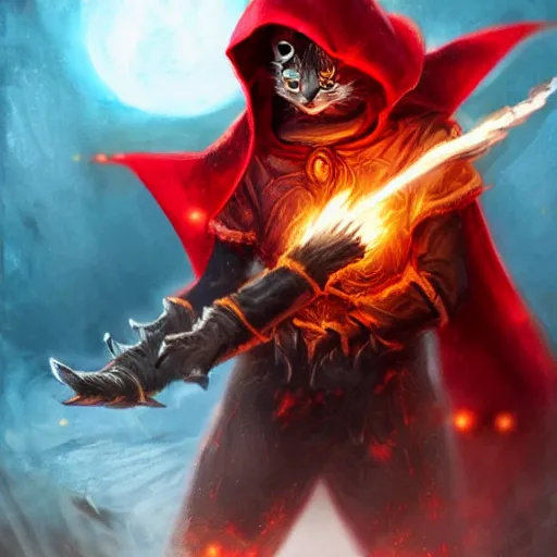 Image similar to cat Berserker, red glowing eyes, in magic armor, wearing red hoodie and torn cape, magic gathered in his chest, fire in background, D&D, fantasy, cinematic