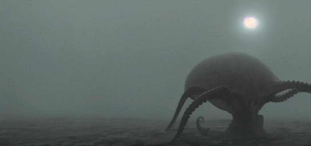 Image similar to an octopus in the shape of a skull, foggy, cinematic shot, photo still from movie by denis villeneuve, wayne barlowe