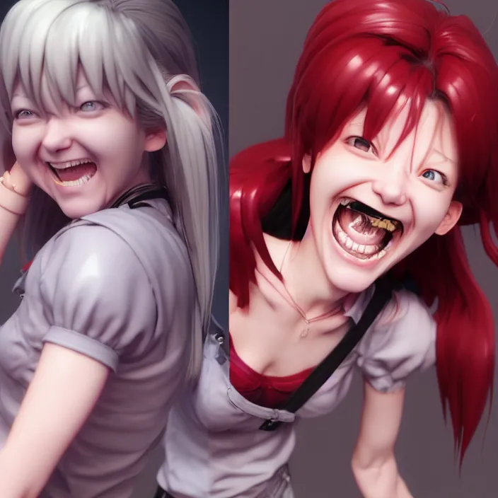 Image similar to portrait of the popular girl laughing at the viewer, by katsuhiro otomo, yoshitaka amano, nico tanigawa, and artgerm rendered with 3 d effect.