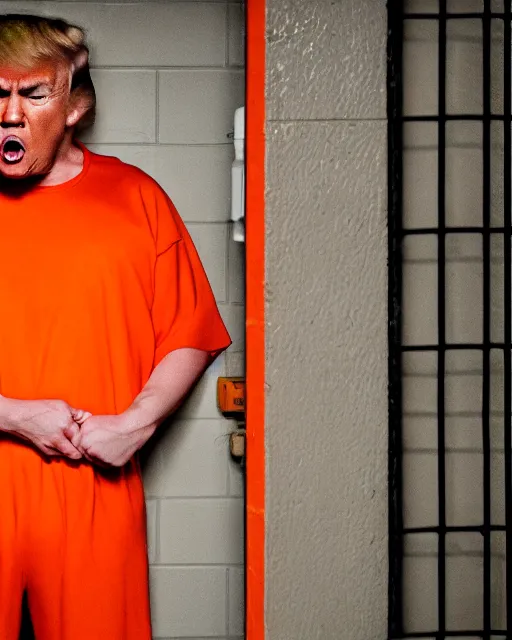 Image similar to closeup portrait of of angry donald trump wearing orange prison pajamas locked up in an prison jail cell, cinematic masterpiece, octane, dramatic lighting, 35mm, very detailed