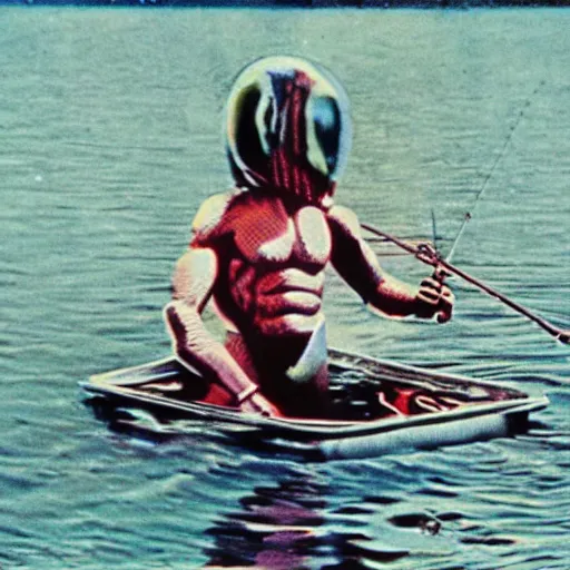 Image similar to alien is fishing on a boat in the middle of the lake, top secret style, 1 9 6 0 s, color