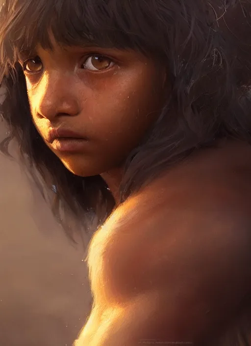 Prompt: highly detailed portrait of mowgli, unreal engine, cinematic light, warm, fantasy art by greg rutkowski