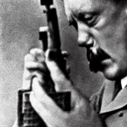 Prompt: hitler pointing a gun to his head while crying, close - up shot