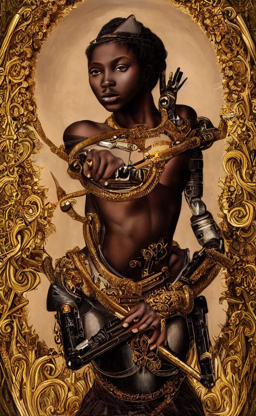 Image similar to young cyborg princess, ebony skin, young muse, piercing glowing eyes, elegant, striking composition, ornate royal gown, highly detailed ornate sci fi background, mural in the style of sandro botticelli, caravaggio, albrecth durer, 8k