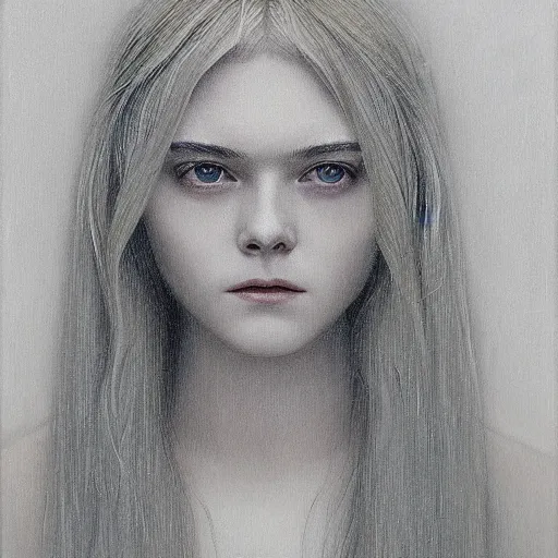 Image similar to professional painting of Elle Fanning in Ghost in the Shell in the style of Jean Delville, head and shoulders portrait, symmetrical facial features, smooth, sharp focus, illustration, intricate, stormy weather, extremely detailed masterpiece,