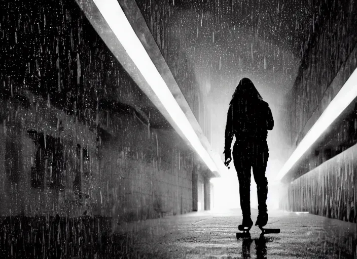 Image similar to a silhouetted person with long, flowing hair skateboards through an empty brutalist city in the rain, colored gel lighting, reflective surfaces, midnight, portra, film grain, high contrast, hyperdetailed, chromatic aberration, reminiscent of blade runner, dynamic pose