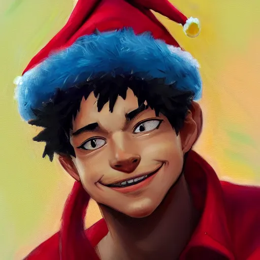 Image similar to an oil painting of a izuku midoriya wearing a hip - hop rap christmas hat drawn by frank frazetta, hd, hdr, ue 5, ue 6, unreal engine 5, 3 d, cinematic 4 k wallpaper, 8 k, ultra detailed, high resolution, artstation, award - winning pencil drawing