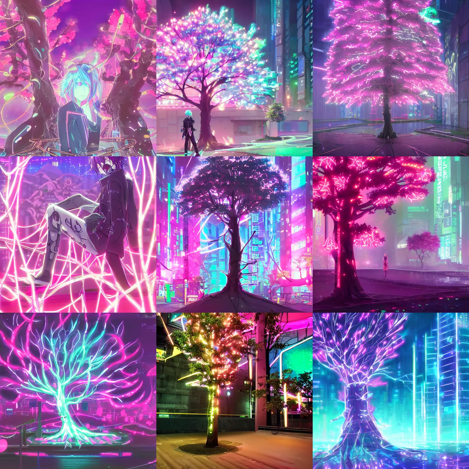 Prompt: cyberpunk tree, pink neon lights, in the style kyoani, makoto shinkai, hideaki anno, mochiduki key, lm 7, arknights, studio ghibli, madhouse inc, white fox, studio trigger, gainax, violet evergarden, genshin impact, granblue fantasy, arknights, fate grand order, trending on pixiv