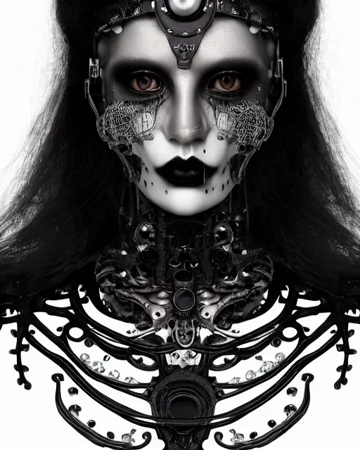 Image similar to black and white dreamy foggy smoky profile face portrait, one silver steampunk realistic eye biomechanical beautiful young female cyclope - cyborg - robot bust, body ribs meshes,, volumetric light, hibiscus flowers, by hg giger, rim light, big gothic fashion pearl embroidered collar, 8 k