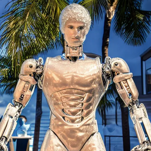 Image similar to made of ice, a realistic detailed photo of a guy who is an attractive humanoid who is half robot and half humanoid, who is a male android, on display, blank stare, showing off his muscles, shiny skin, posing like a statue, by the pool, frozen ice statue, twitch streamer / gamer ludwig, humanoid robot