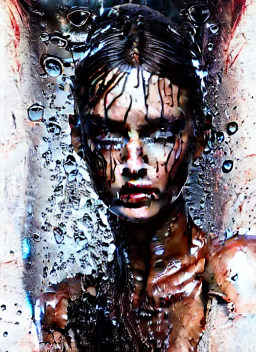 Prompt: fierce wet fashion model, reflections in eyes, splash, sweat skin, liquid metal, effervescent, black roses, poster art, high detail, intricate oil painting and washed watercolor, deep mood, hyperrealism, 3 d, in the style of irakli nadar,