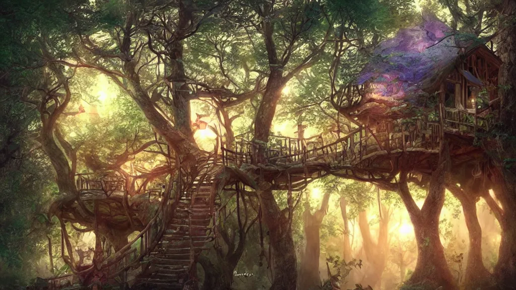 Prompt: beautiful treehouse in the woods ” beautiful dreamscape, digital art, concept art, detailed, lovely colors, art station, 3 - d 4 k, beautiful background, matte painting,,