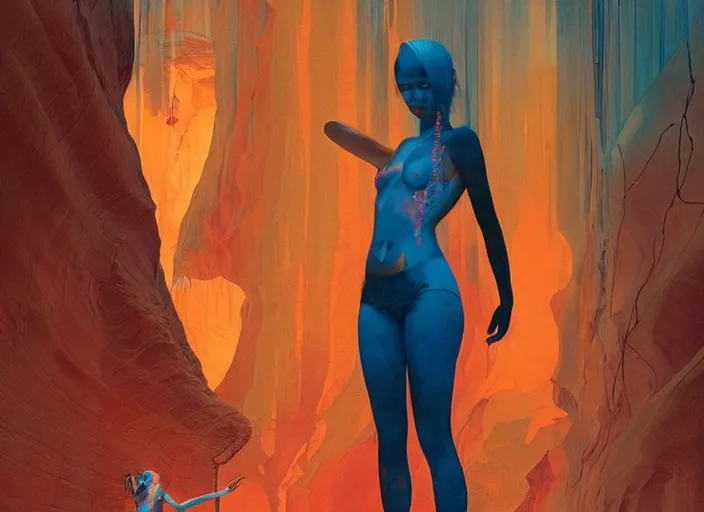 Prompt: asian, american girl emerging from pink water in cyberpunk theme during a blood moon by the edge of a royal blue antelope canyon by conrad roset, nicola samuri, dino valls, m. w. kaluta, rule of thirds, seductive look, beautiful