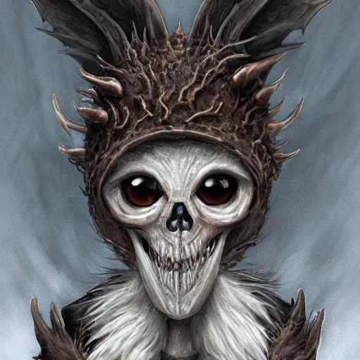 Prompt: Diabolical Masterpiece Fuzzy Paws Fluffy Ears gerald brom anton semenov Christophe Young Cristi Balanescu artstation ancient dracolich flying wraith dragon, wearing bone crown lich skeleton crypt watercolor face head eyes teeth snout collar ASPCA adoption center tombow
