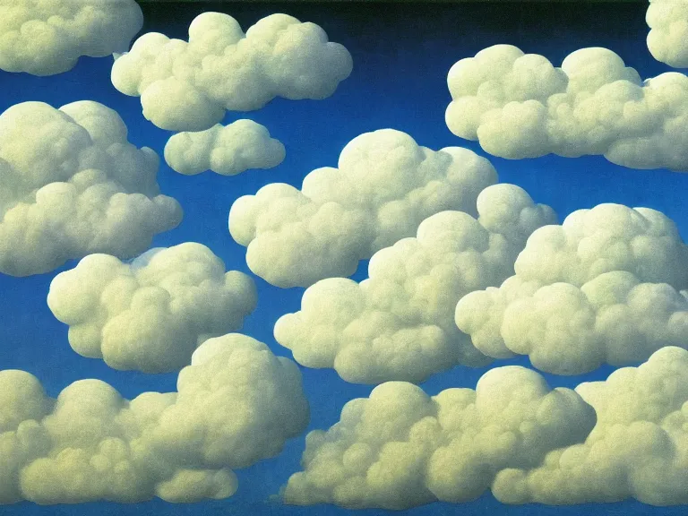 Prompt: room full of clouds, painting by rene magritte, centered, high detail, high resolution