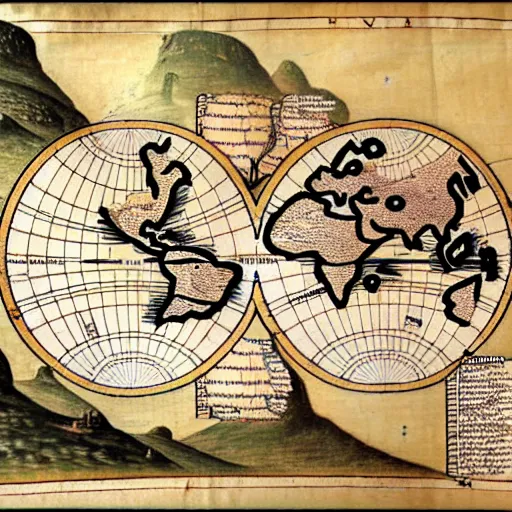 Image similar to detailed map of a planet teeming with ancient history, printed on parchment, 8 k