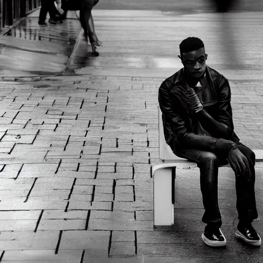 Prompt: black and white fashion photograph, highly detailed portrait of a depressed drug dealer sitting on the bench on a busy street, looking into camera, natural light, rain, mist, lomo, fashion photography, film grain, soft vignette, sigma 85mm f/1.4 1/10 sec shutter