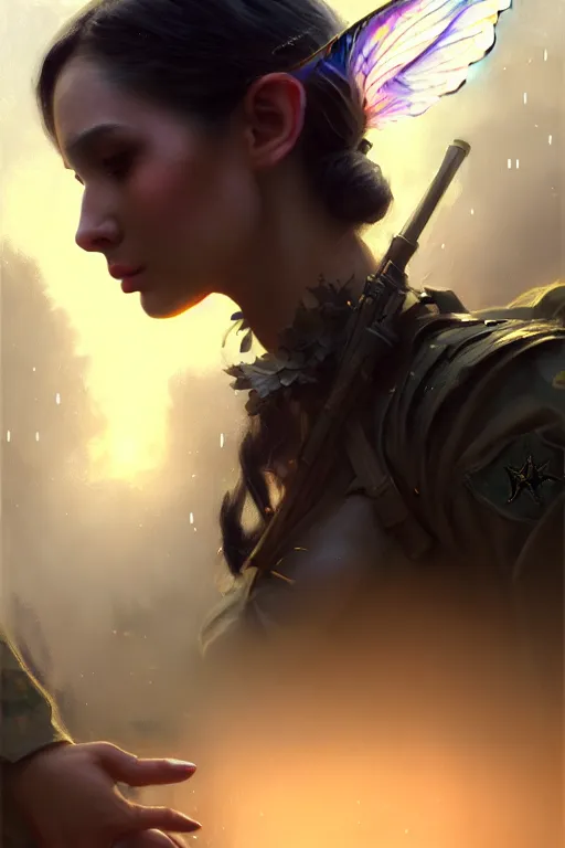 Image similar to cinematic shot of an epic portrait of a fairy dressed in military clothes, shiny skin, beautiful eyes, beautiful, small details, night setting, realistic poster with volumetric light from craig mallism, artgerm, jeremy lipkin and michael garmash, unreal engine, radiant light, detailed and complex environment, digital art, trends at art station, a masterpiece