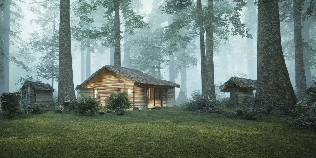 Prompt: a single cottage with a thached roof in the woods and empty woods, 8k, fantasy, realistic, dramatic lighting, cinematic