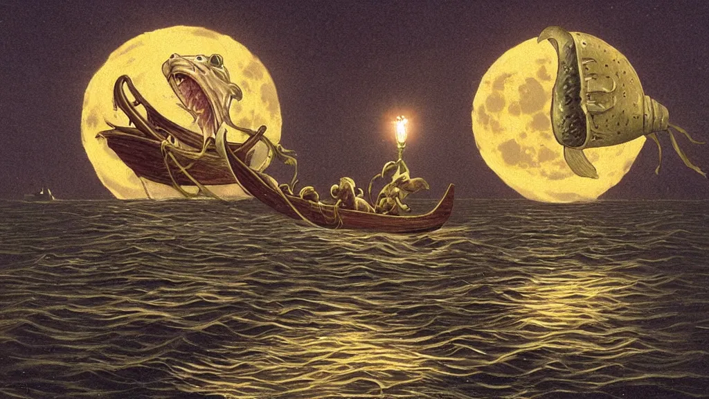 Prompt: a large!! surfacing anglerfish!!!! holds its light to a lantern - holding!!!! sailor!!!! on a ( sloop ), ( background with supermoon and purple sky ), in the styles of tom coletti, jorge jacinto, and thomas veyrat intricate, accurate details