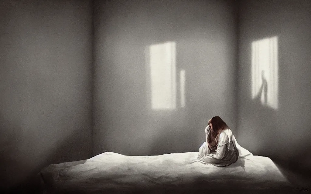 Prompt: a painting of dreaming in beds of the void empty desires rooms, light from the window casting her shadow dreams