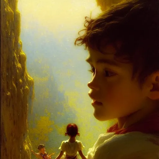 Image similar to a gaston bussiere's film still portrait of child hiker finding a city inside a cava, finely detailed features, closeup at the faces, sun, water, perfect art, gapmoe yandere grimdark, trending on pixiv fanbox, painted by greg rutkowski makoto shinkai takashi takeuchi studio ghibli, gaston bussiere