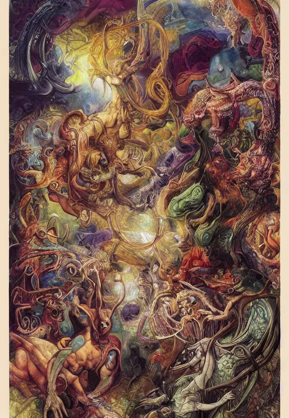 Image similar to simplicity, colorful muscular eldritch animals and bodies radiating outward, mandala, white bones, colorful gems, by h. r. giger and esao andrews and maria sibylla merian eugene delacroix, gustave dore, thomas moran, pop art, chiaroscuro, biopunk, art nouveau