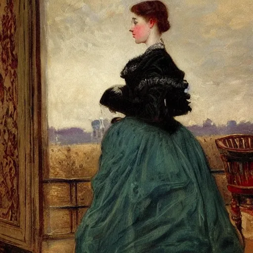 Prompt: young victorian lady shopping for ball gowns, painted by alfred stevens