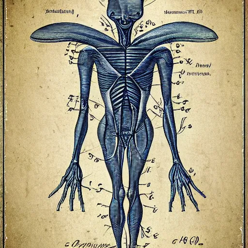 Image similar to 1 2 century scientific schematics alien anatomy, handwriting annotations!!!, blueprint, patent registry