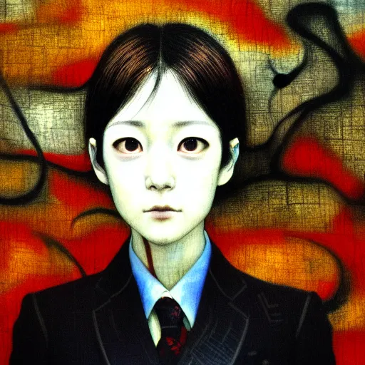 Image similar to yoshitaka amano blurred and dreamy realistic three quarter angle portrait of a young woman with short hair and black eyes wearing office suit with tie, junji ito abstract patterns in the background, satoshi kon anime, noisy film grain effect, highly detailed, renaissance oil painting, weird portrait angle, blurred lost edges