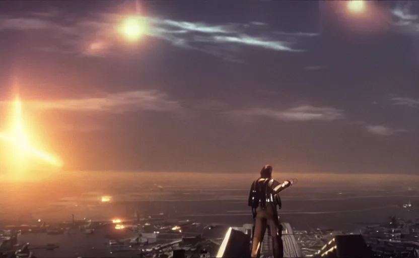 Image similar to iconic wide cinematic screen shot of luke skywalker downtrodden standing with a view of coruscant at sunset, from the thrilling scene from the 1 9 9 0 s sci fi film directed by stanley kubrick, moody cinematography, foggy volumetric lighting, hyper detailed scene, anamorphic lenses 2 4 mm, lens flare, award winning