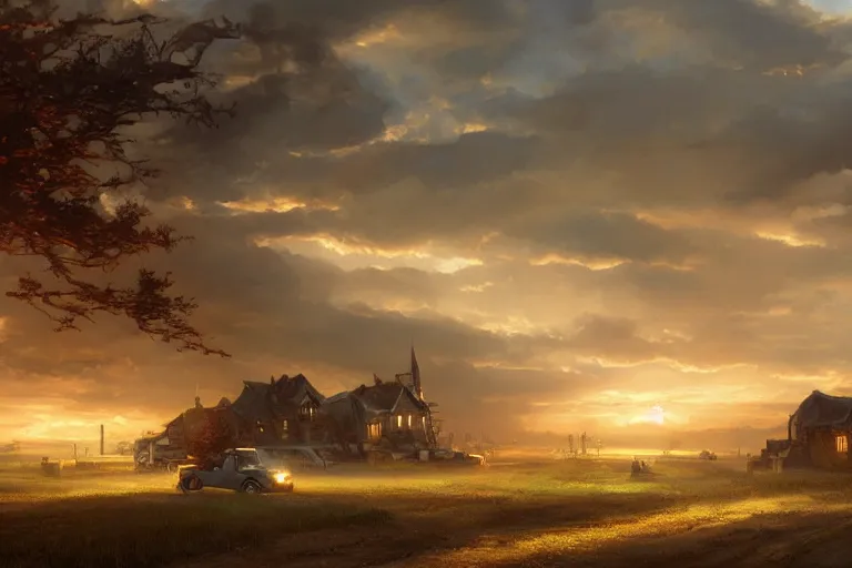 Image similar to merchants seize farmland to build their roads. sunset lighting ominous shadows, cinematic fantasy painting, dungeons and dragons, jessica rossier and brian froud