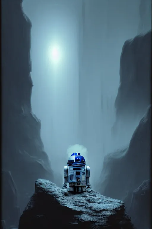 Prompt: r 2 d 2 at the front of a cave, smoke, apocalyptic moody style by rob zombie by arthur haas and bruce pennington and john schoenherr, cinematic matte painting, zaha hadid building, photo realism, dark moody color palate, blue hour stars, desolate glacial landscape,