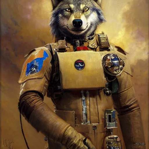 Prompt: a portrait of a wolf dogman canine star pilot. highly detailed painting by gaston bussiere, craig mullins, j. c. leyendecker, furry