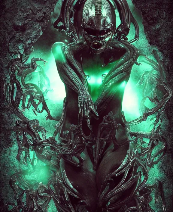 Image similar to xenomorph queen goth model skull eyes hybrid, dragon eggs, dark emerald mist colors, giger background liminal void, cinematic lighting, realistic, award winning photograph, various refining methods, micro macro autofocus