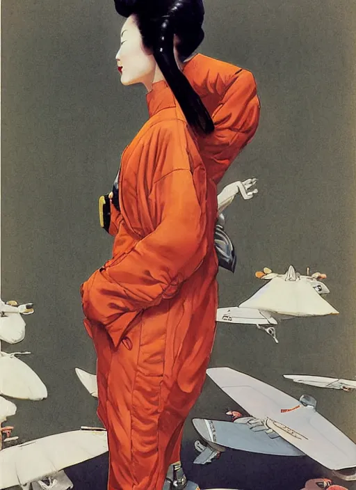 Prompt: a copic maker art nouveau portrait of a japanese pale woman wearing a futuristic balenciaga coat pilot suit with a puffy kimono by john berkey norman rockwell